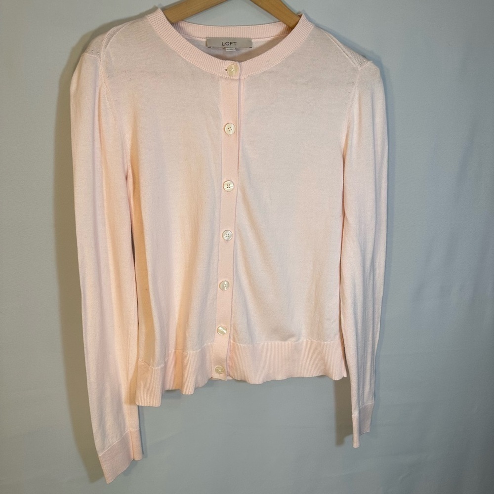 Loft Pink Knit Cotton Long Sleeve Front Pearlized Buttons Sweater Cardigan M